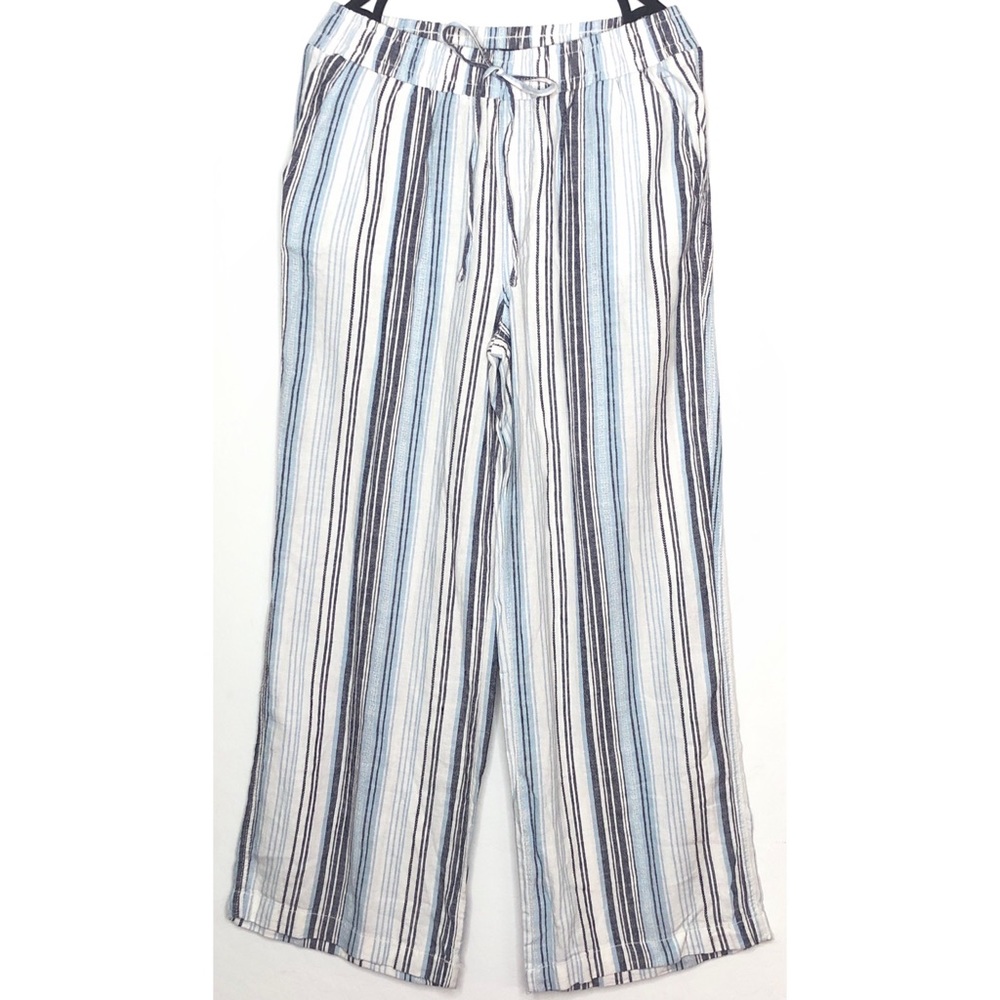 Women’s Linen Blend Pants - Pull-On Style with Blue, White, Grey Stripes Size M
